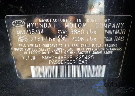 2015 Hyundai Elantra Se from USA, damaged, VIN KMHDH4AE3FU225425